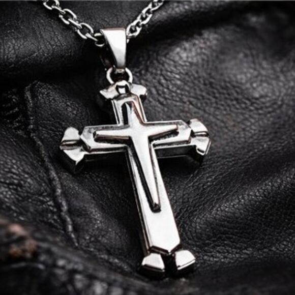 Men Men’s Stainless Steel Cross Necklace 22 Inch Chain Polished Silver Faith